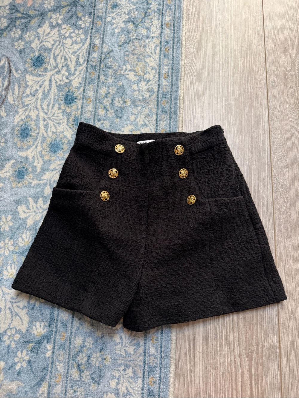 Zara Black Tweed Sailor Boucle Shorts Gold Buttons High Rise 50s Pinup Retro - Picture 2 of 6